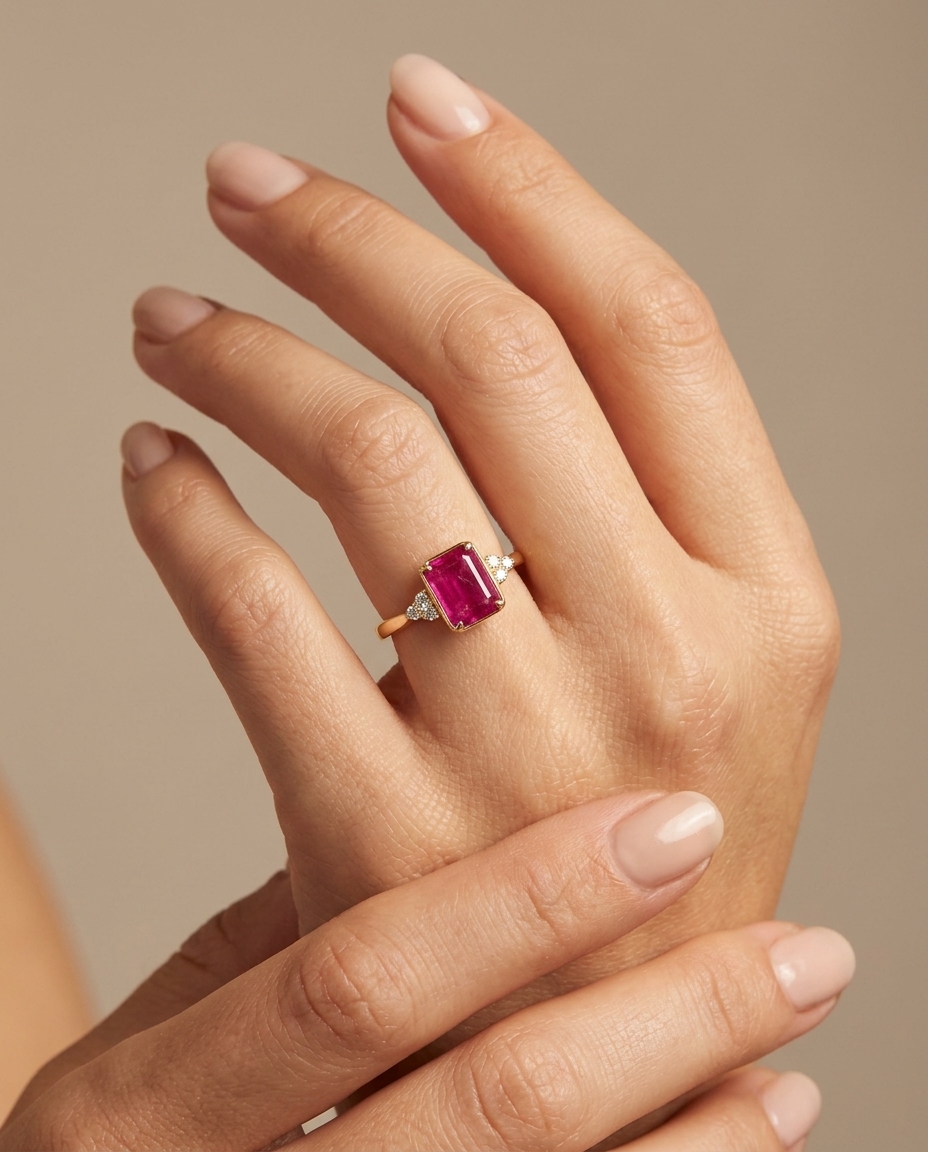 14KT Yellow Gold Ruby and Diamonds Ring on model