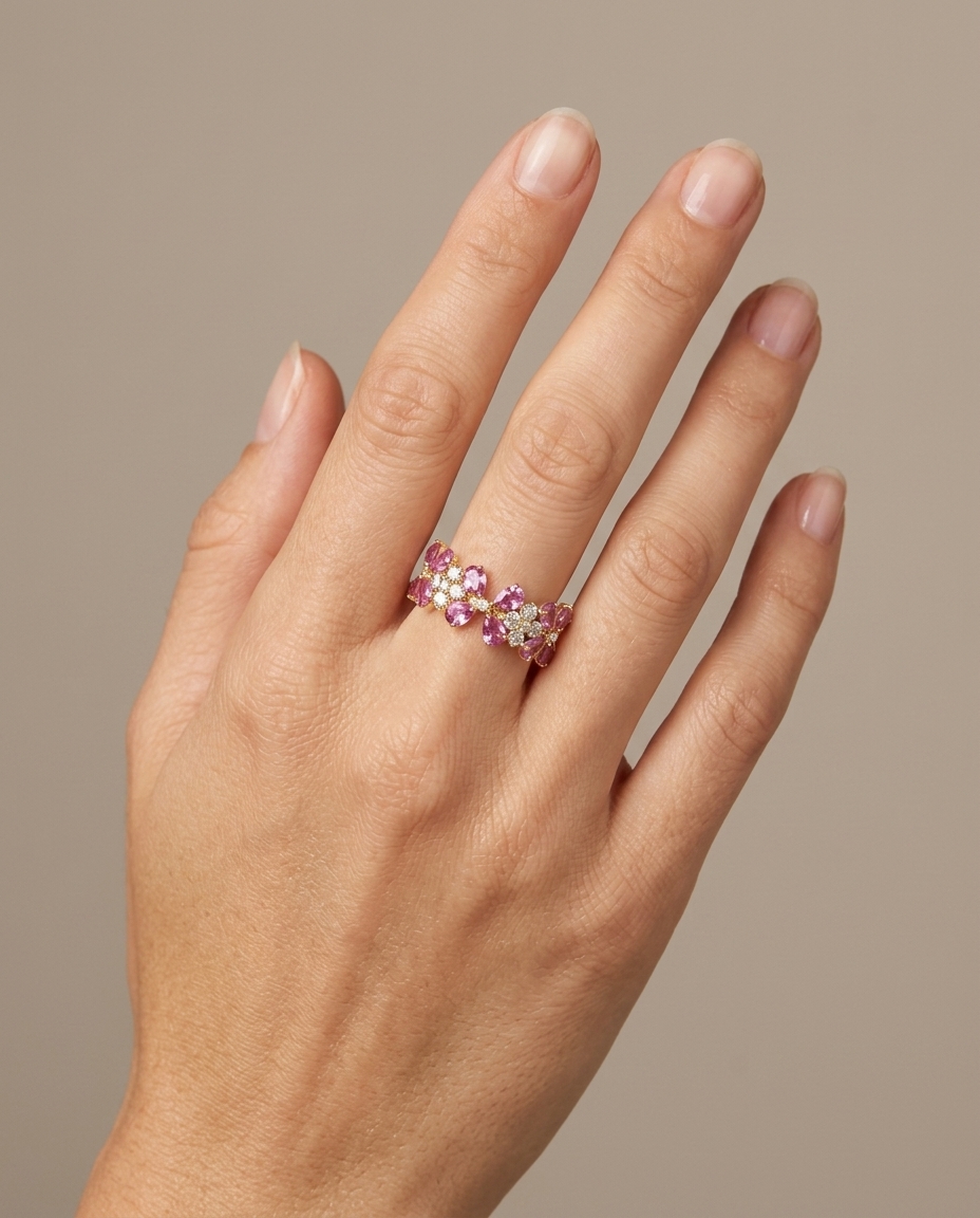 14KT Yellow Gold Pink Sapphire and Diamond Ring on model