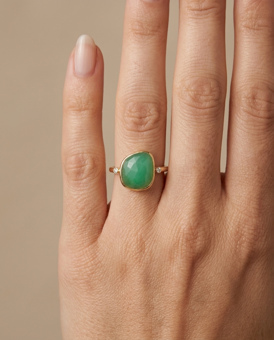14KT Yellow Gold Chrysoprase and Diamonds Ring view 2