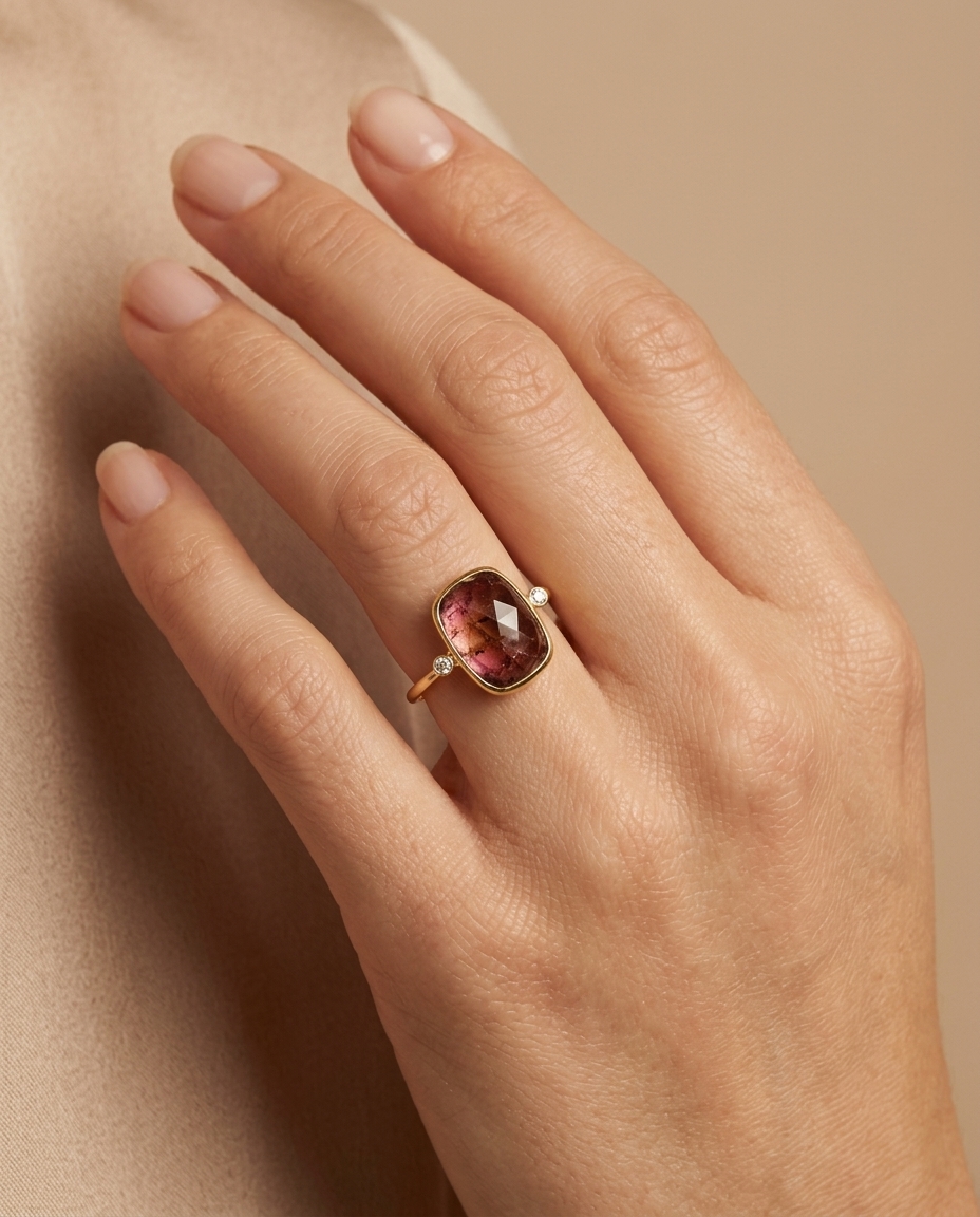 14KT Yellow Gold Tourmaline and Diamonds Ring view 2