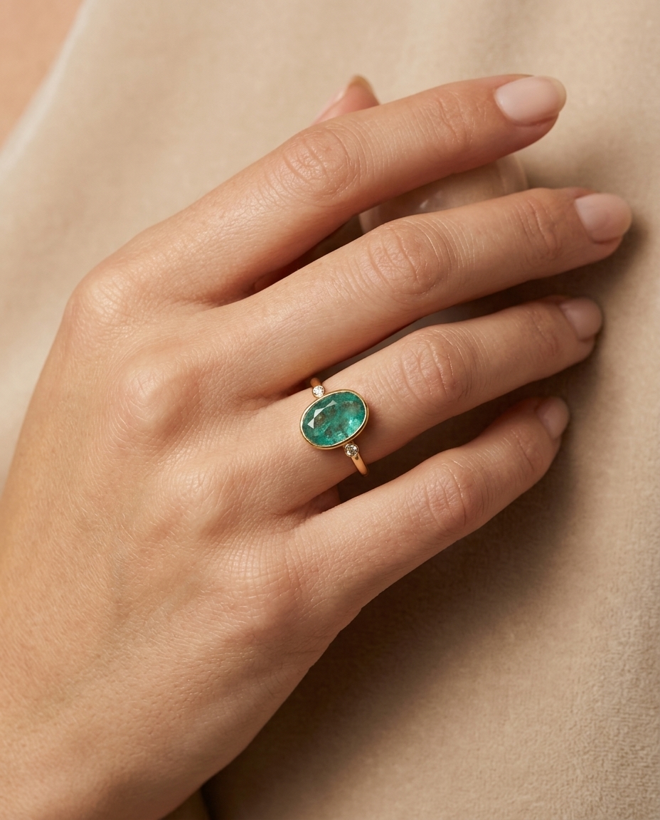 14KT Yellow Gold Emerald and Diamond Oval Shape Ring on model