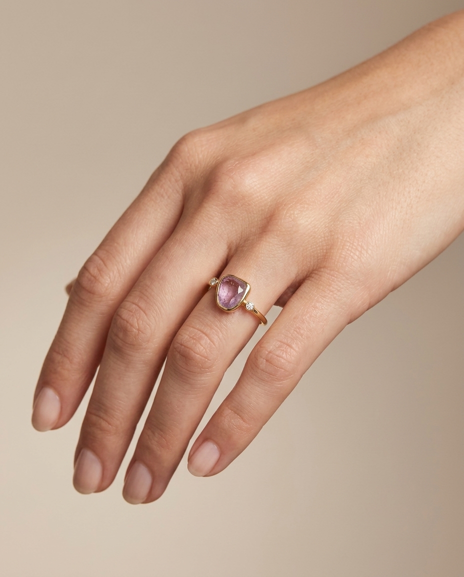 14KT Yellow Gold Pink Sapphire and Diamonds Ring on model