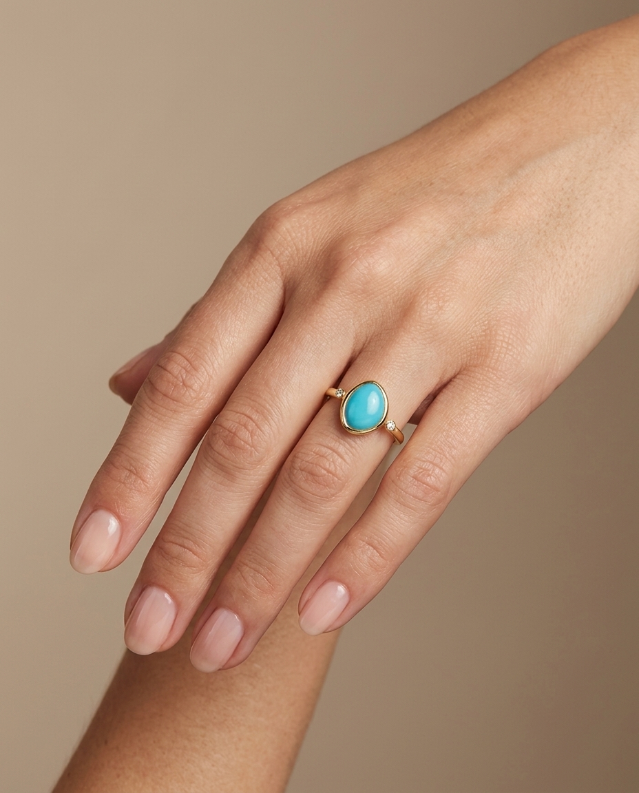 14KT Yellow Gold Turquoise and Diamonds Ring view 2