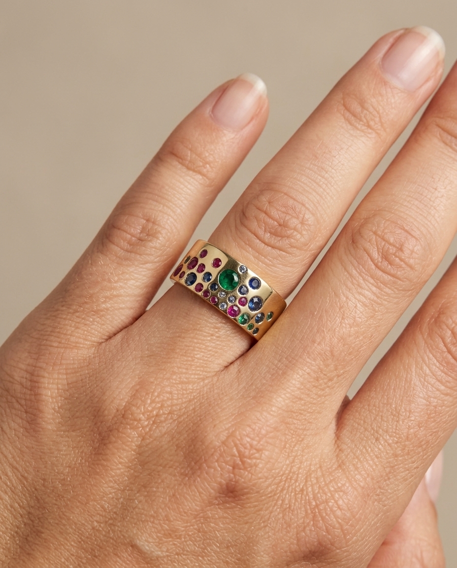 14KT Yellow Gold Multi Sapphire Ring on model