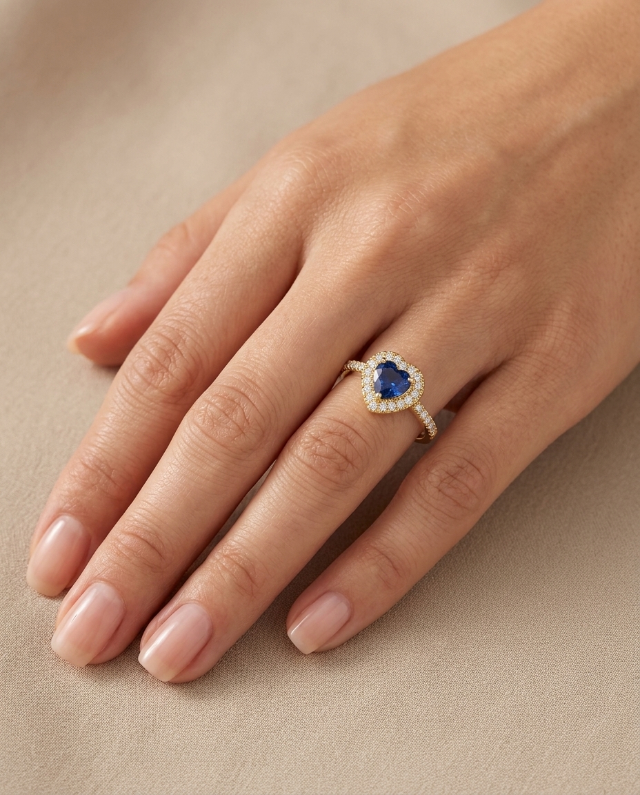 14KT Yellow Gold Heart Shape Blue Sapphire and Diamonds Ring on model