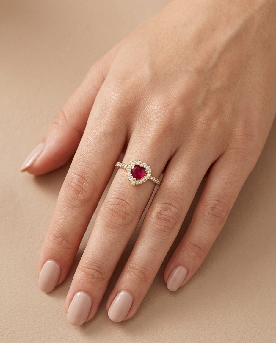 14KT Yellow Gold Heart Shape Ruby and Diamonds Ring on model