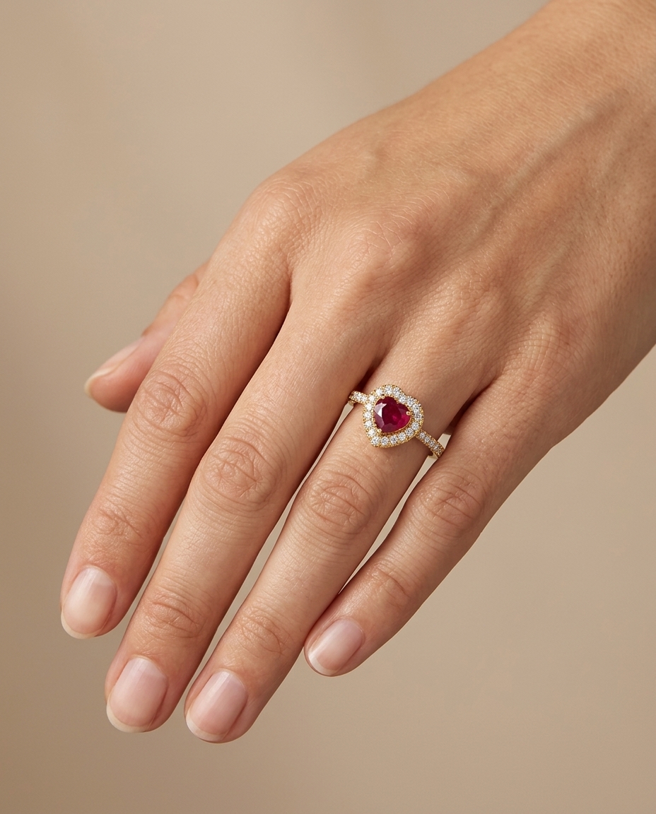 14KT Yellow Gold Heart Shape Ruby and Diamonds Ring on model