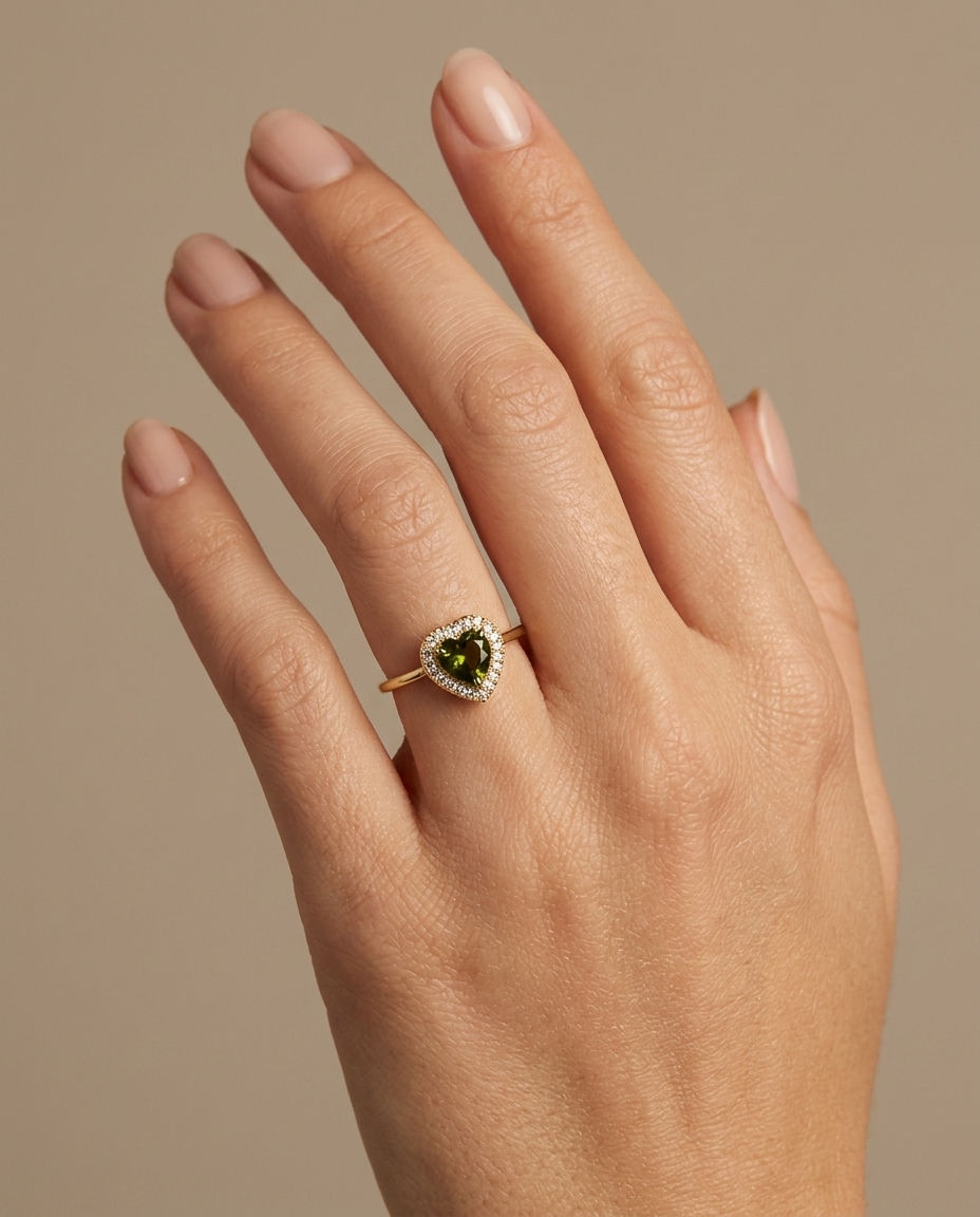 14KT Yellow Gold Heart Shape Green Tourmaline and Diamonds Ring on model