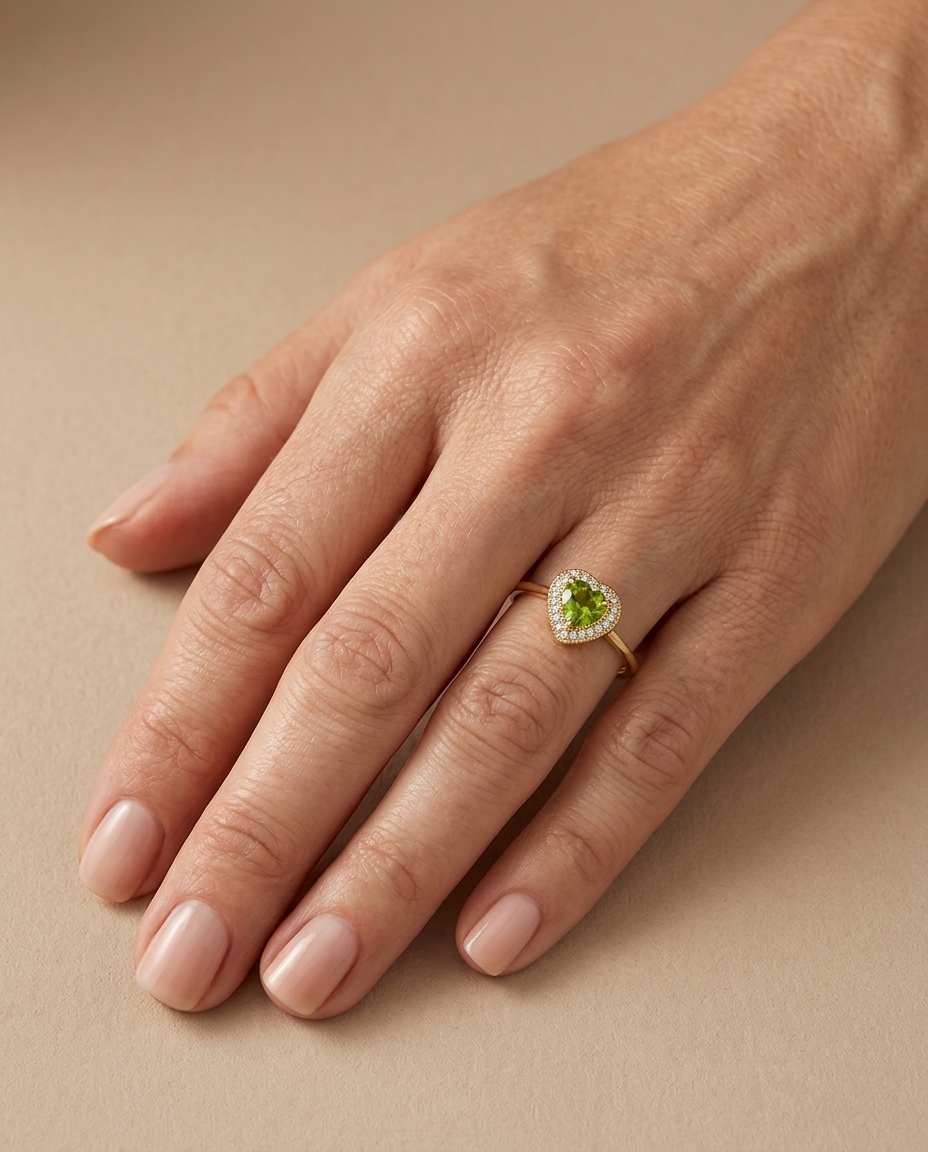 14KT Yellow Gold Heart Shape Green Tourmaline and Diamonds Ring on model
