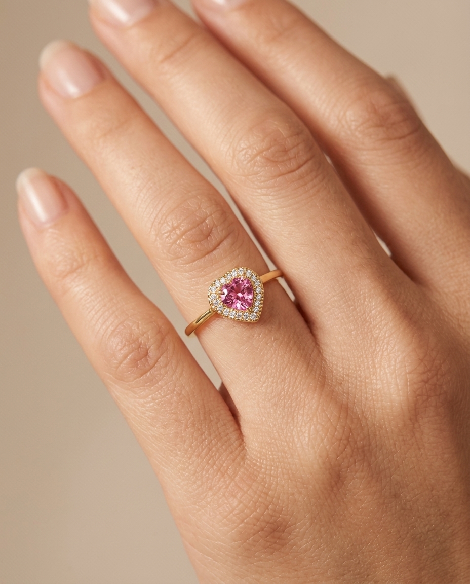 14KT Yellow Gold Heart Shape Pink Tourmaline and Diamonds Ring view 2