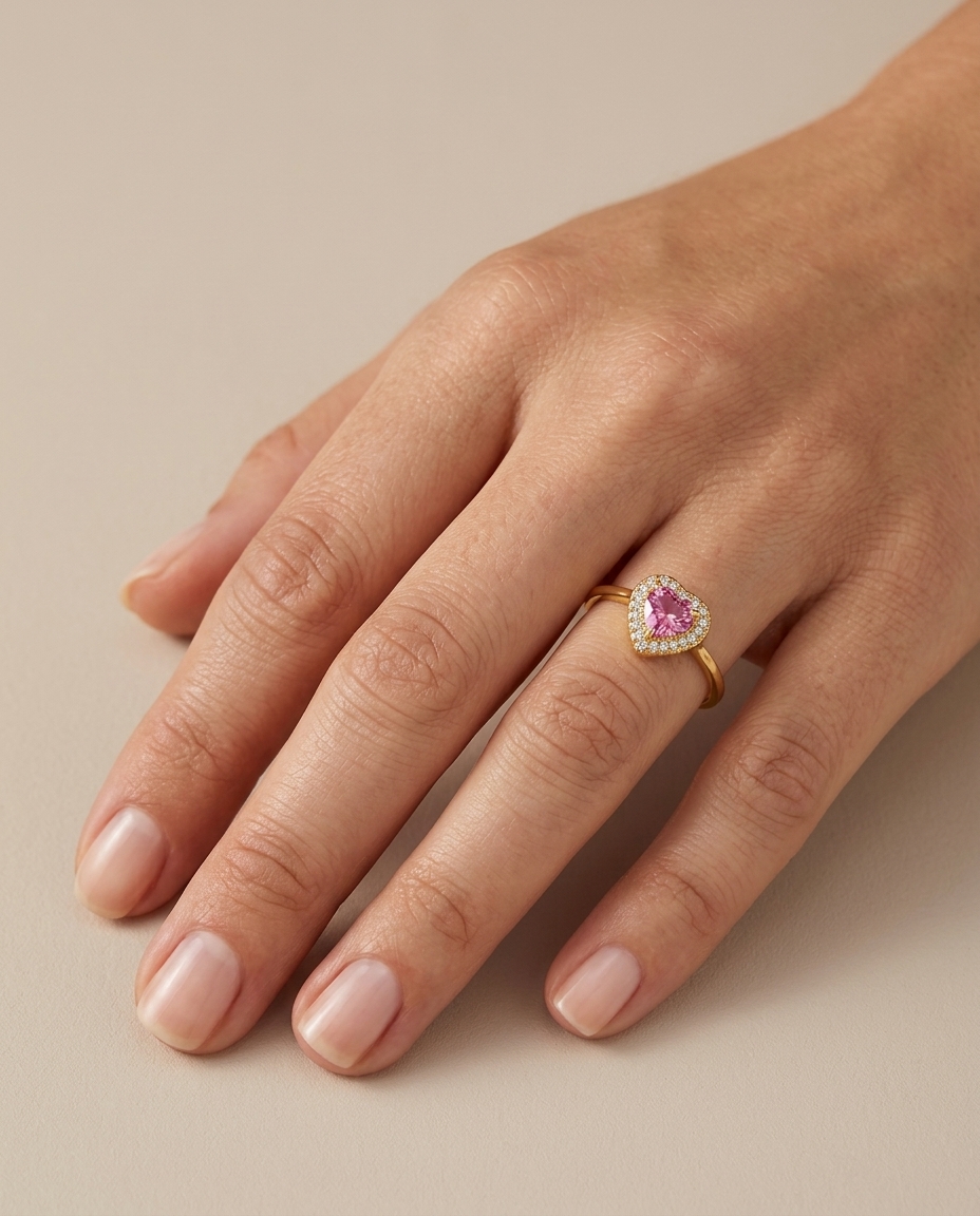 14KT Yellow Gold Heart Shape Pink Tourmaline and Diamonds Ring view 2