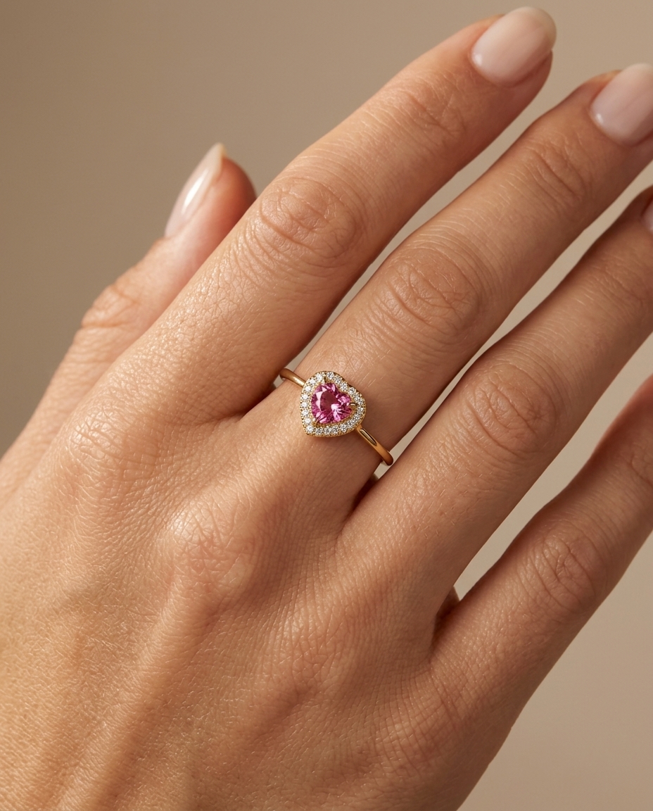 14KT Yellow Gold Heart Shape Pink Tourmaline and Diamonds Ring on model