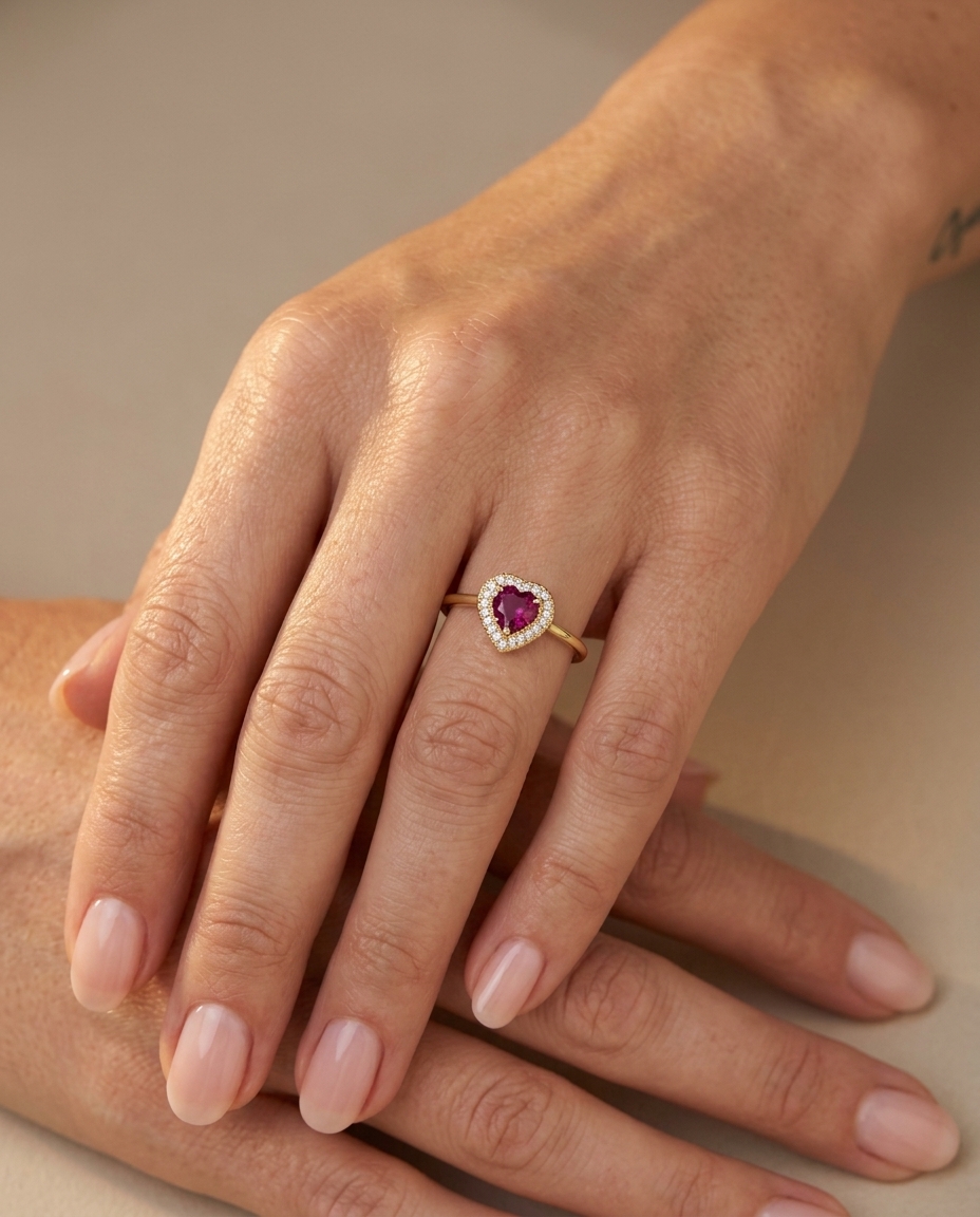 14KT Yellow Gold Heart Shape Ruby and Diamonds Ring view 2