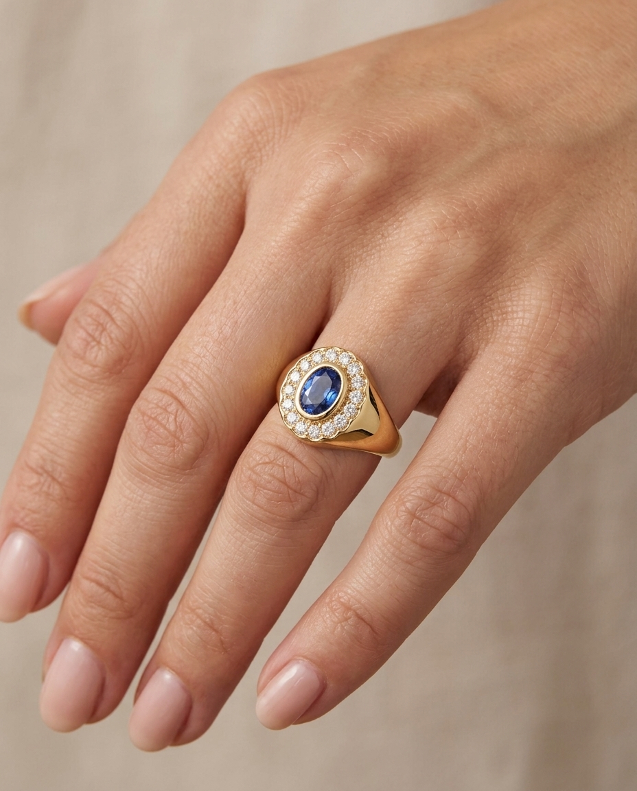 14KT Yellow Gold Blue Sapphire and Diamonds Ring view 2