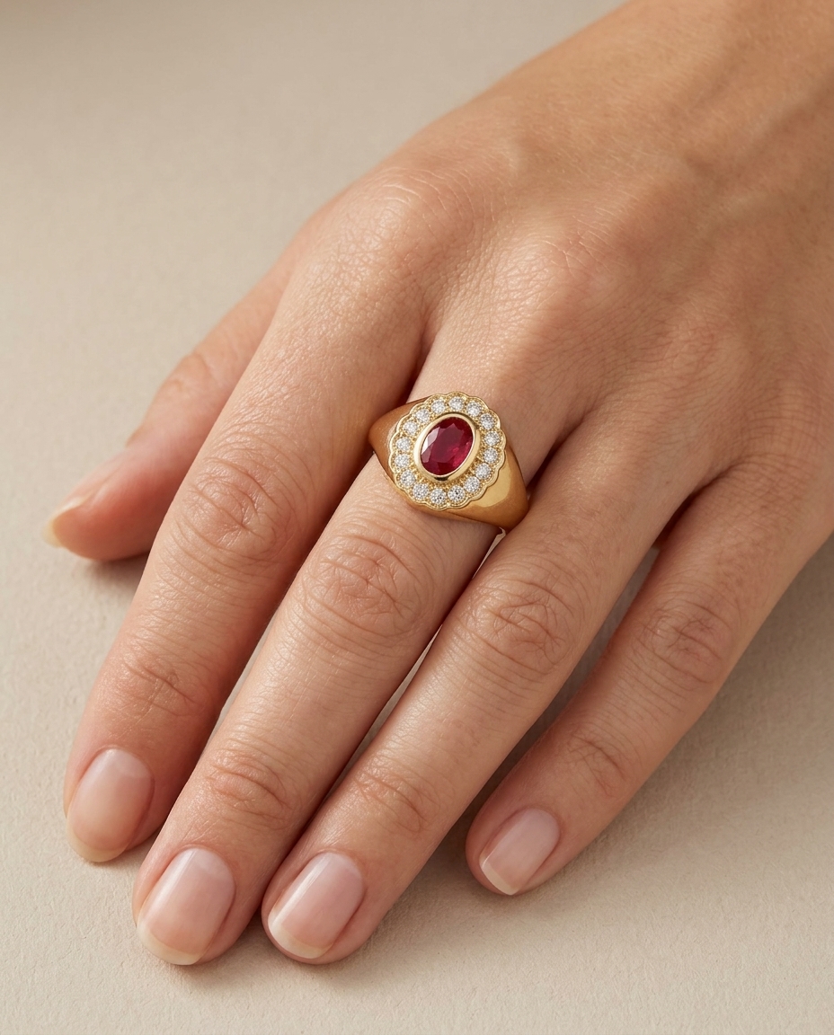 14KT Yellow Gold Ruby and Diamonds Ring on model