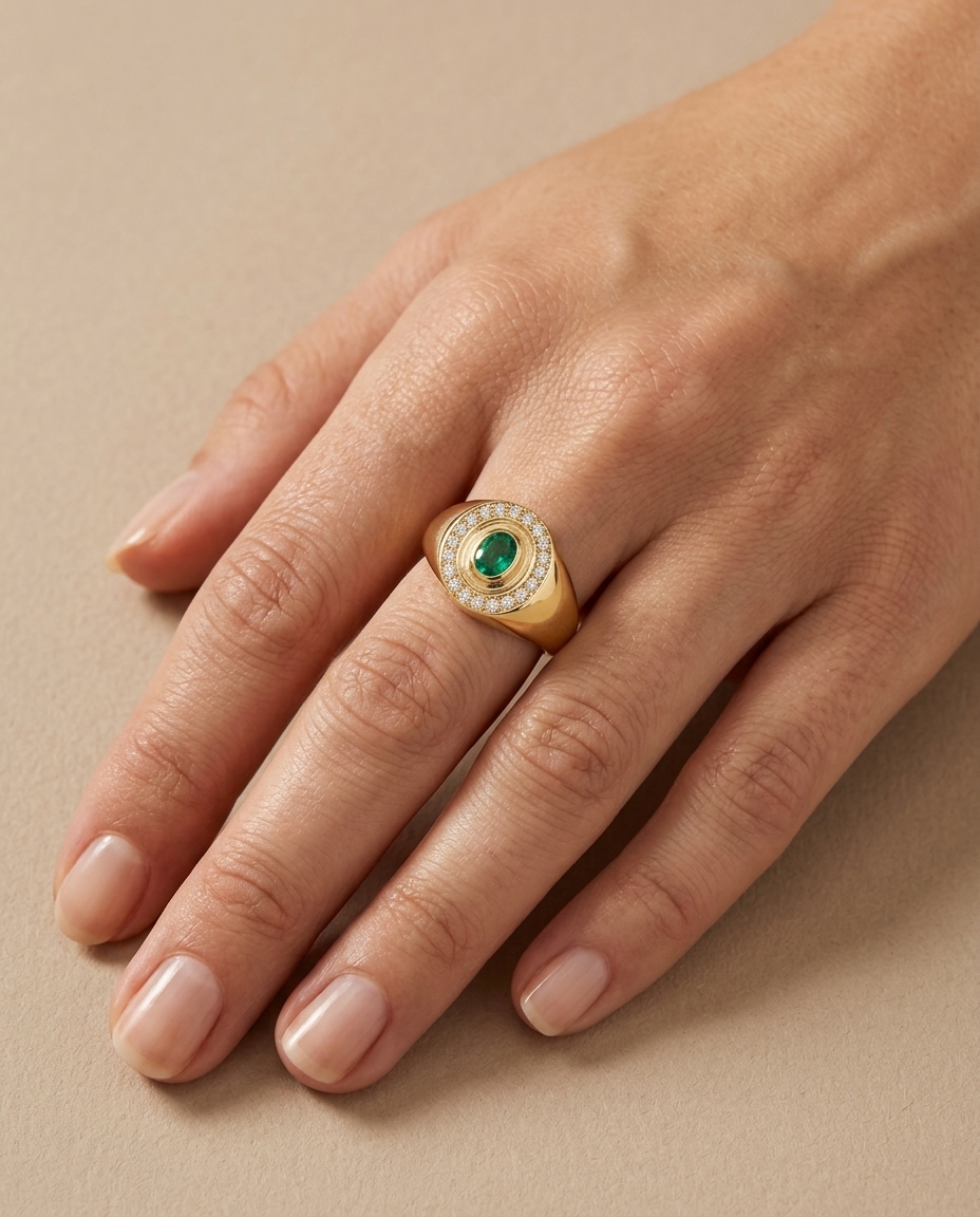 14KT Yellow Gold Diamond and Emerald Ring on model