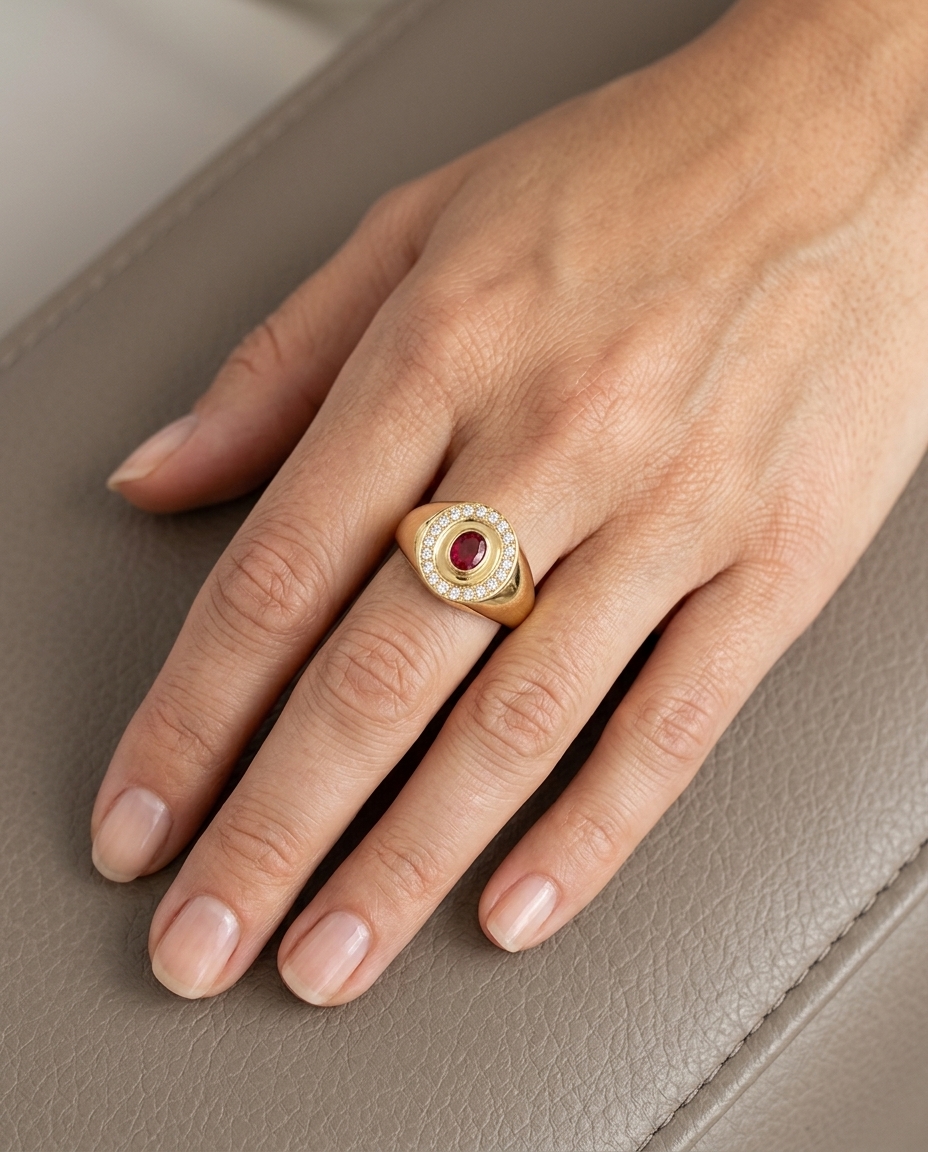 14KT Yellow Gold Ruby and Diamonds Ring on model