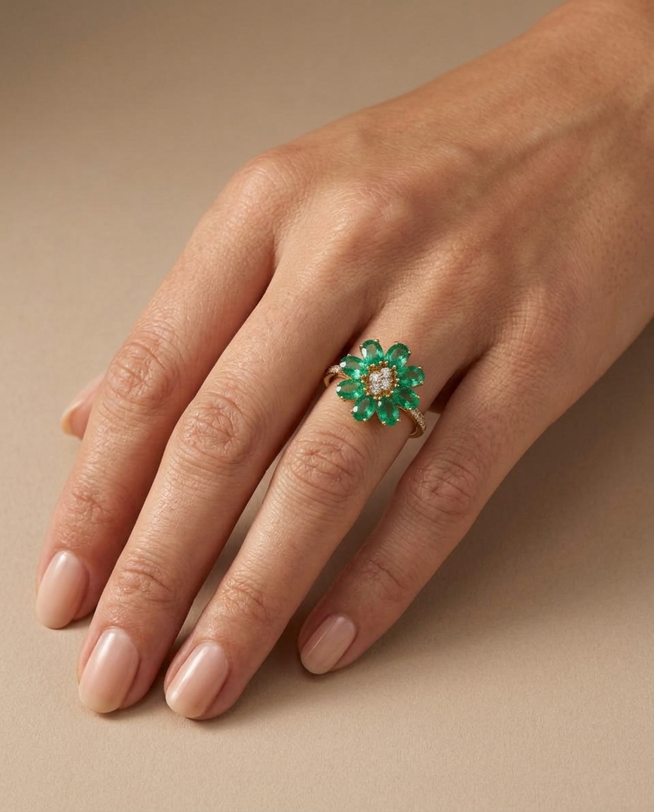 14KT Gold Emerald Diamond Ring view 2