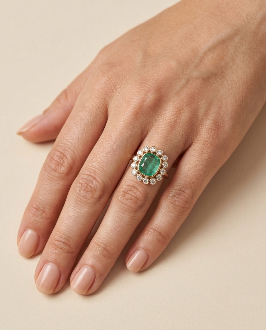 Emerald Diamond Ring on model