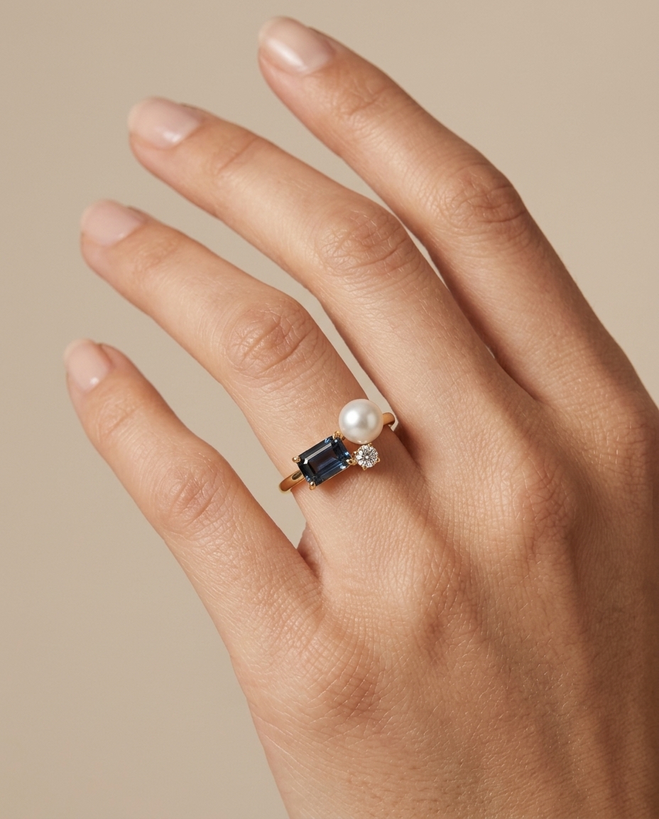 14KT Yellow Gold DIAMOND, Blue Sapphire and Pearl Ring on model
