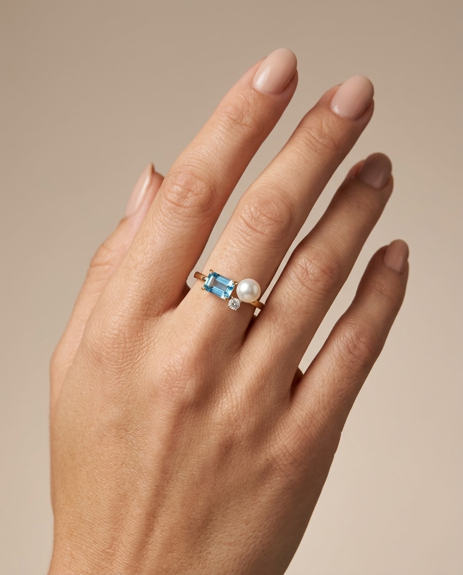 14KT Yellow Gold DIAMOND, Blue Topaz and Pearl Ring on model