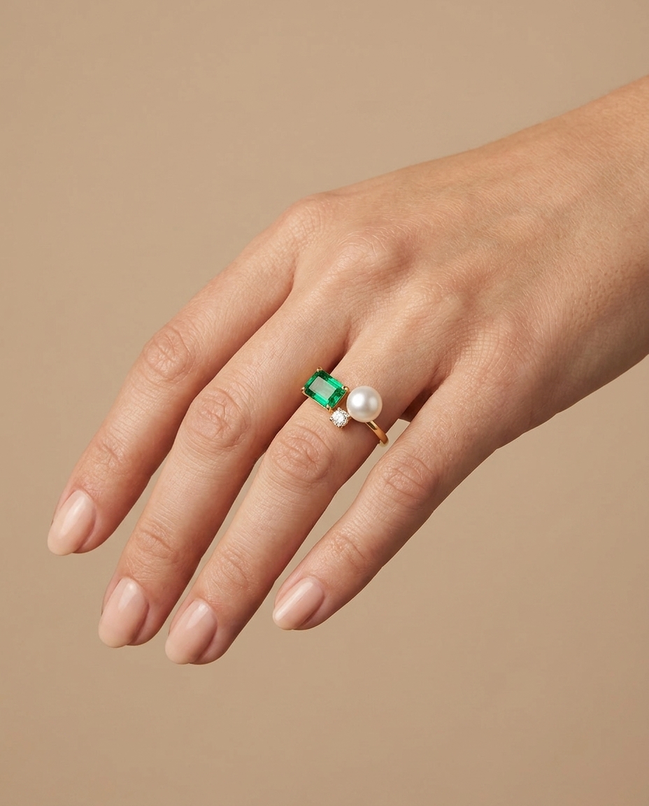 14KT Yellow Gold DIAMOND, Emerald and Pearl Ring on model
