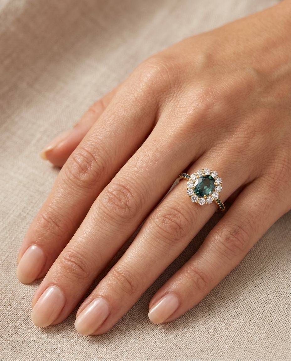 14KT Yellow Gold Diamonds with Green Sapphire Ring on model