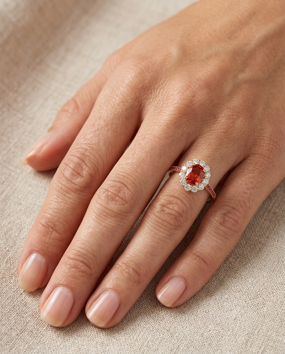 14KT Yellow Gold Diamonds with Orange and Pink Sapphire Ring on model