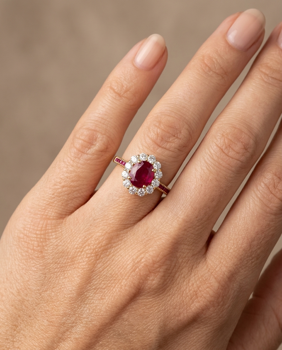 14KT Yellow Gold Ring with Ruby and Diamonds on model