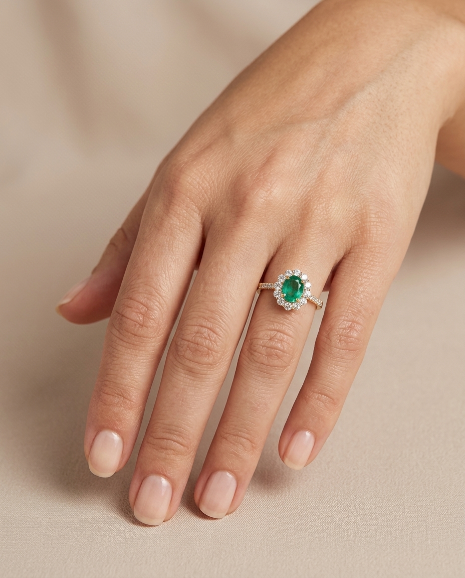 14KT Yellow Gold Ring with Emerald and Diamonds view 2