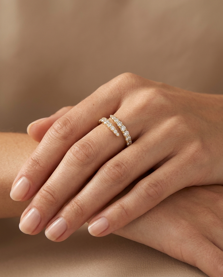 14KT Yellow Gold Diamond Open Bypass Ring on model