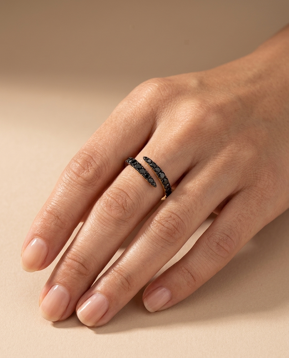 14KT Yellow Gold Black Diamond Open Bypass Ring on model