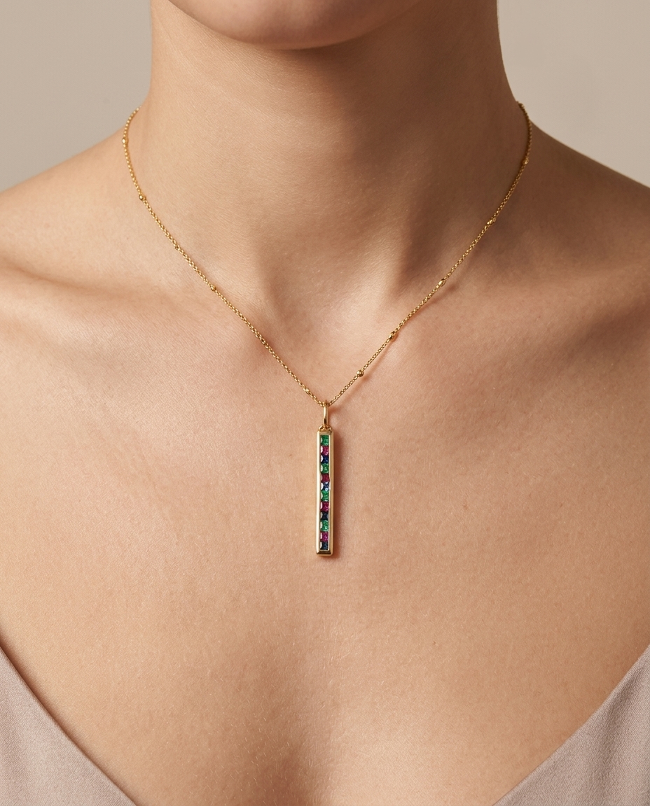 14KT Yellow Gold Emerald Ruby and Sapphire Spike Pendant on model