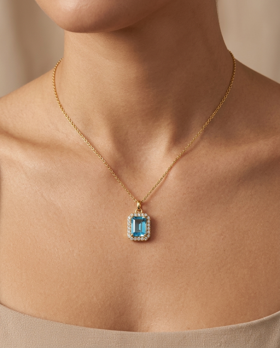 14KT Yellow Gold Pendant with Diamonds and Blue Topaz view 2