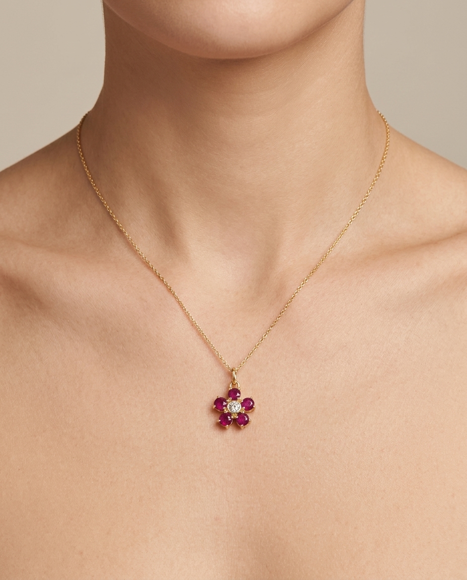 14KT Yellow Gold Flower Pendant with Diamonds and Ruby view 2