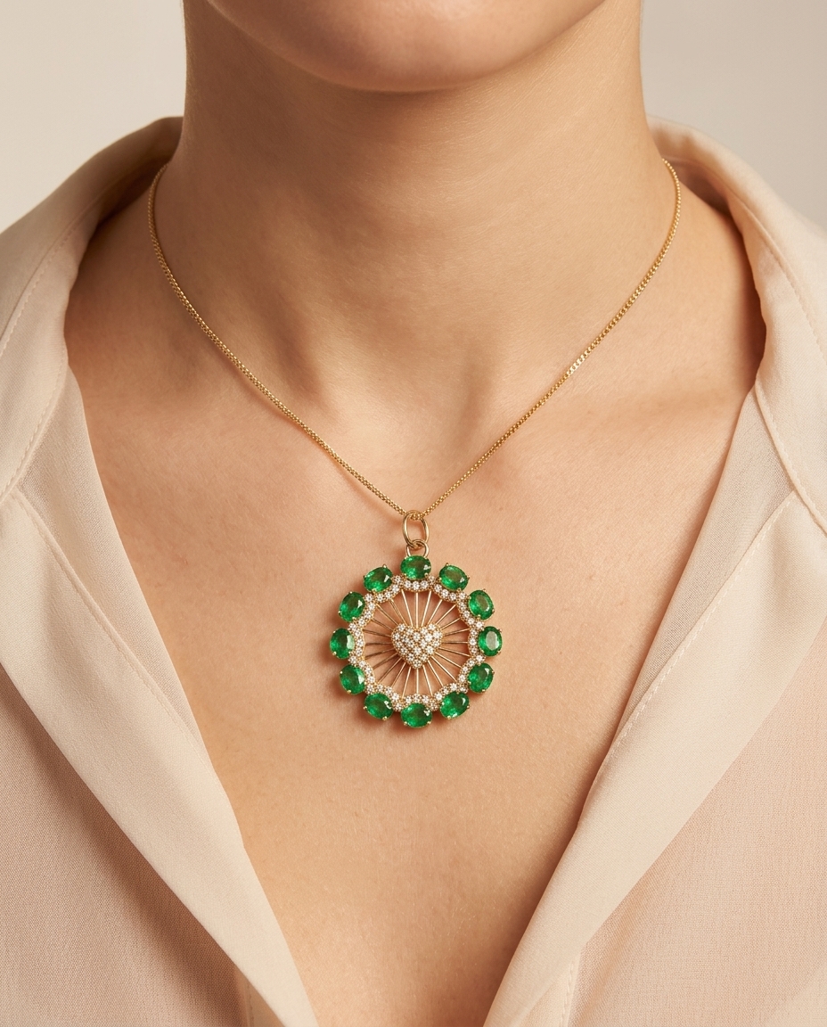 14KT Gold Diamonds/ Emerald Heart Round Pendent view 2