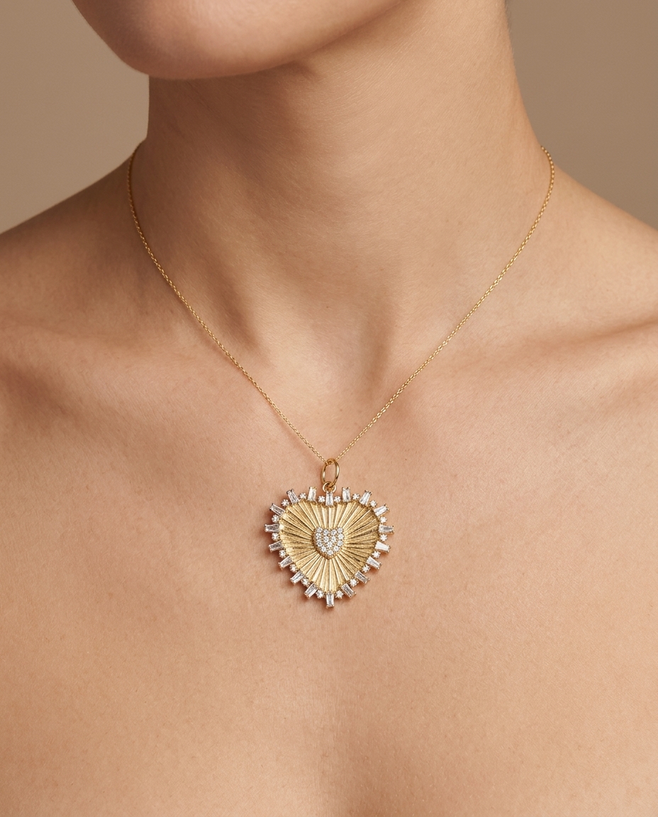 14KT Yellow Gold Heart with Diamonds Pendant on model