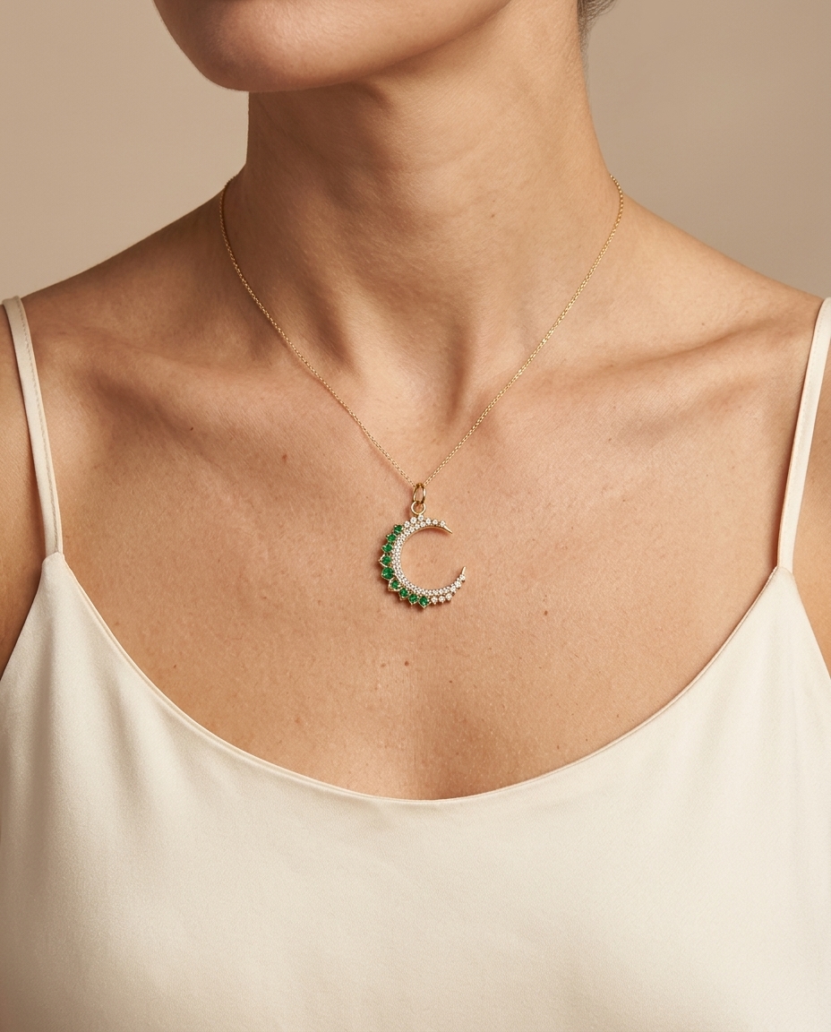 14KT Yellow Gold Half Moon Pendant with Emerald and Diamonds view 2