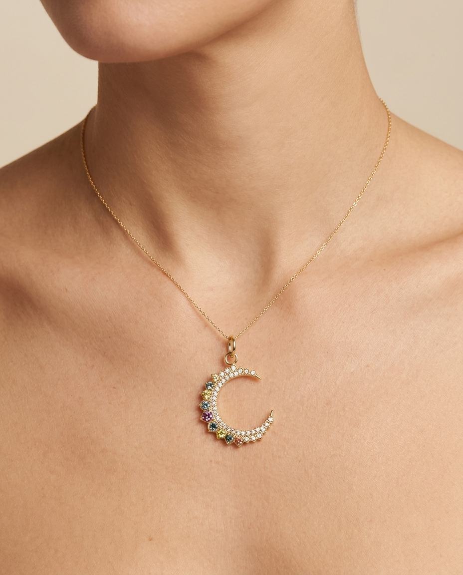 14KT Yellow Gold Half Moon Pendant with Multi Sapphire and Diamonds view 2
