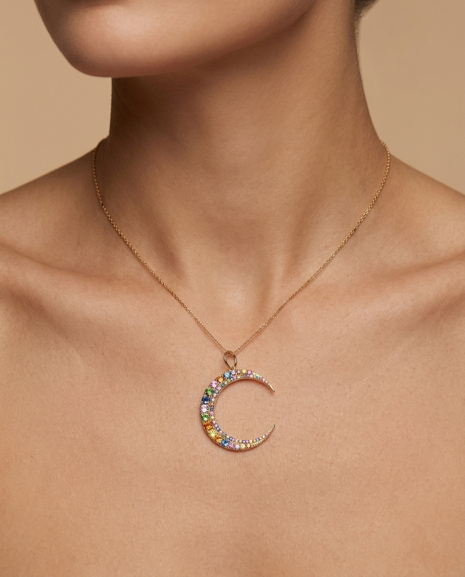 14KT Half Moon Multi Sapphire Pendant on model