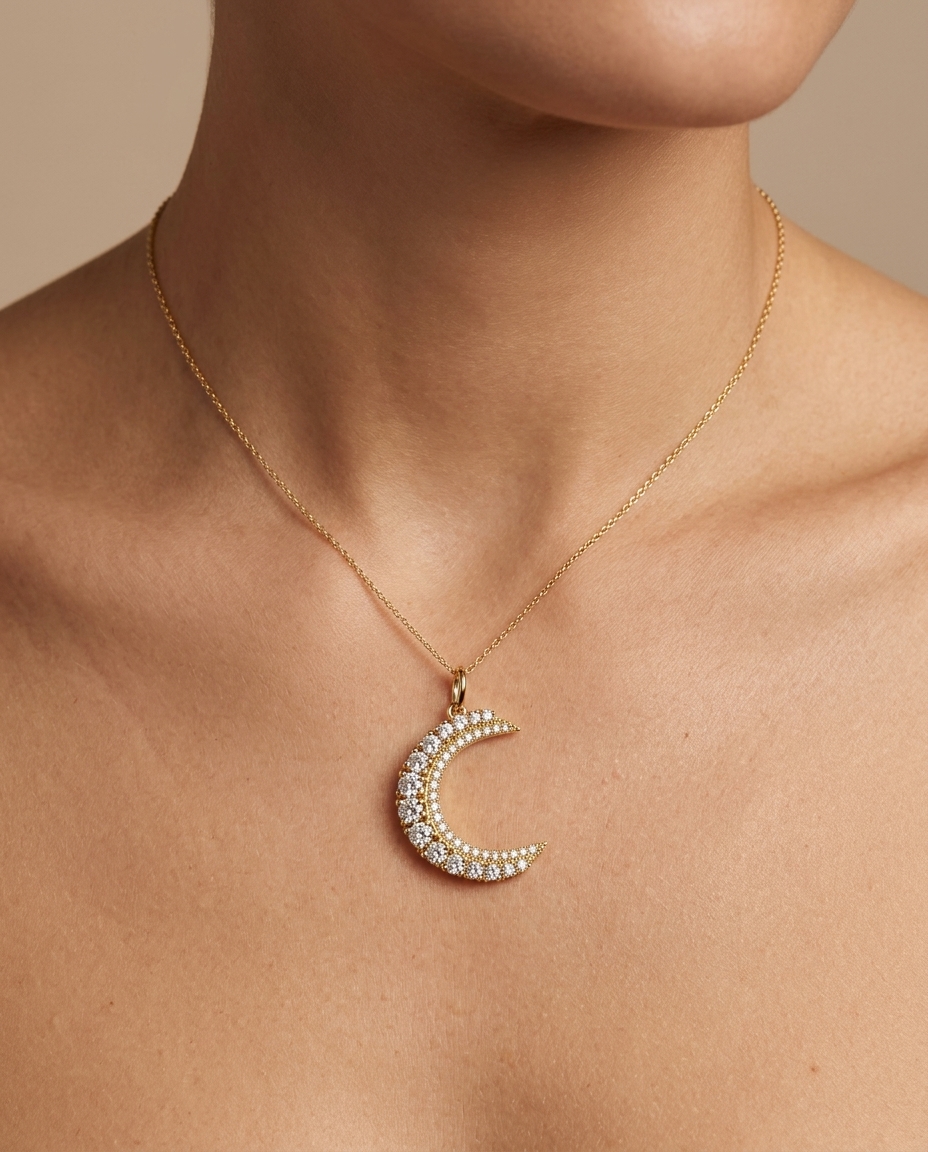 14KT Yellow Gold Half Moon Diamond Pendant on model