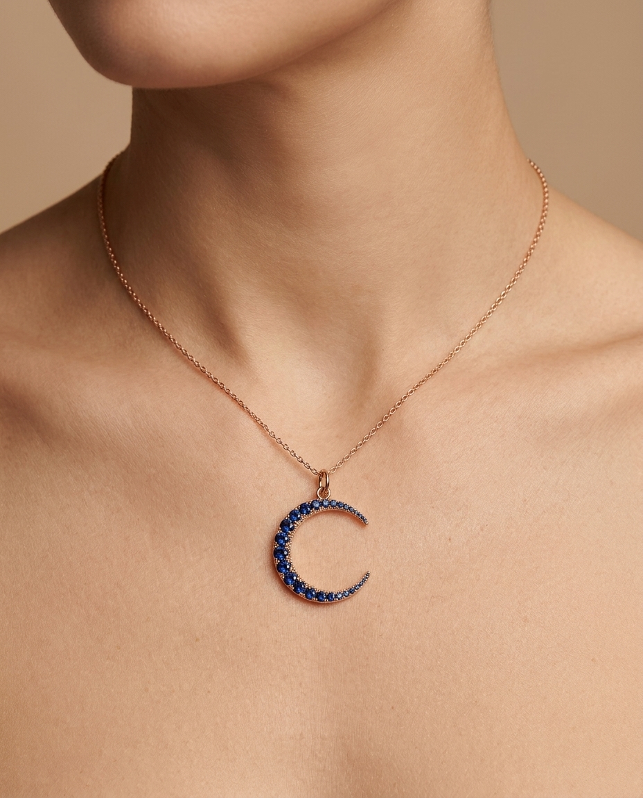 14KT Half Moon Blue Sapphire Pendant on model