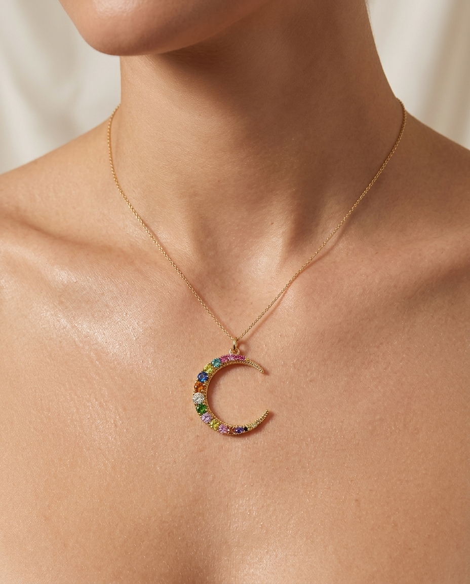 14KT Gold Half Moon Multi Sapphire and Diamond Pendant on model