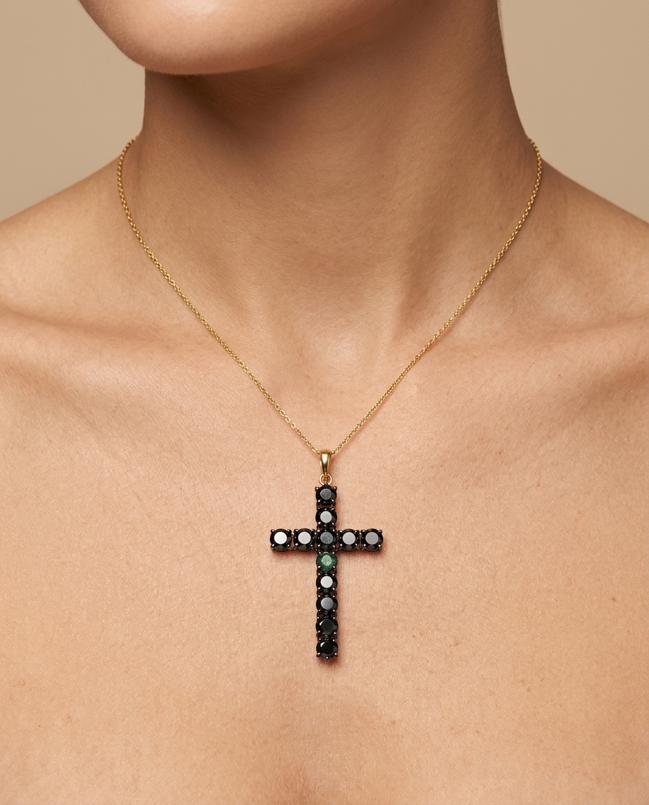 14KT Gold Black Diamond Cross Pendant view 2