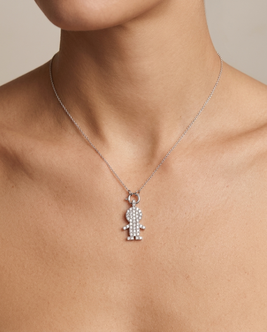 14KT White Gold Boy Pendant with Diamonds on model