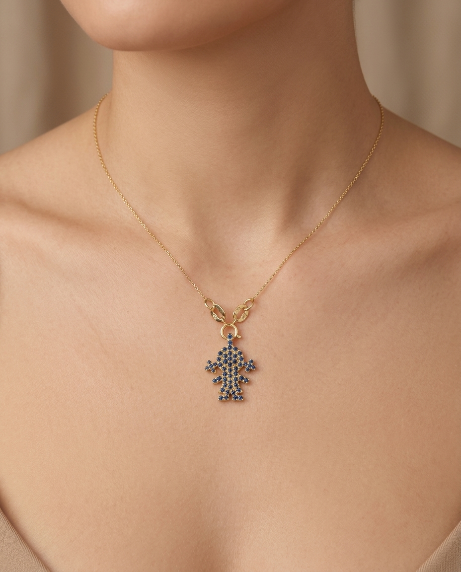 14KT Yellow Gold Girl Pendant with Blue Sapphire view 2