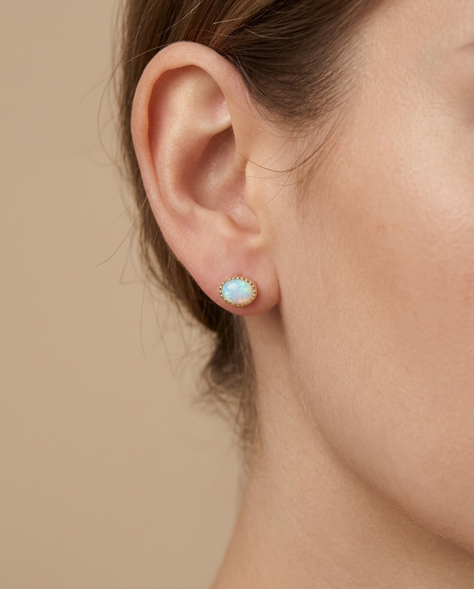14KT Yellow Gold Oval Shape Opal Earring Studs view 2