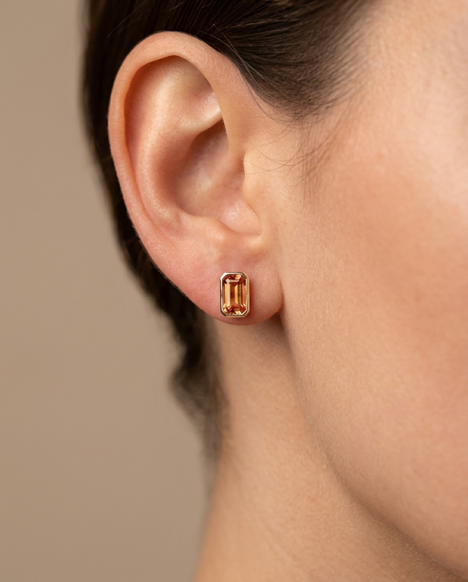 14KT Yellow Gold Orange Sapphire Earring Studs view 2