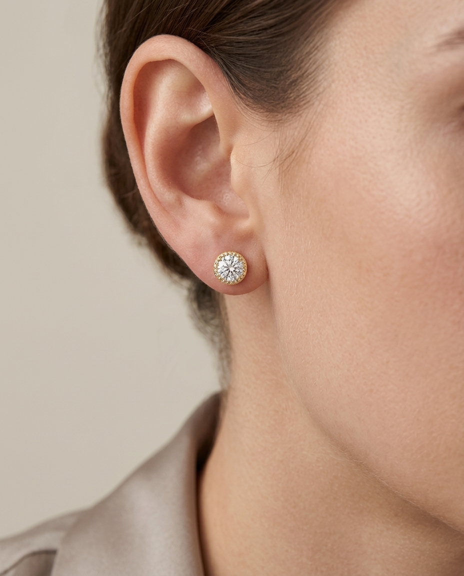 14KT Yellow Gold Diamond Earring Studs on model