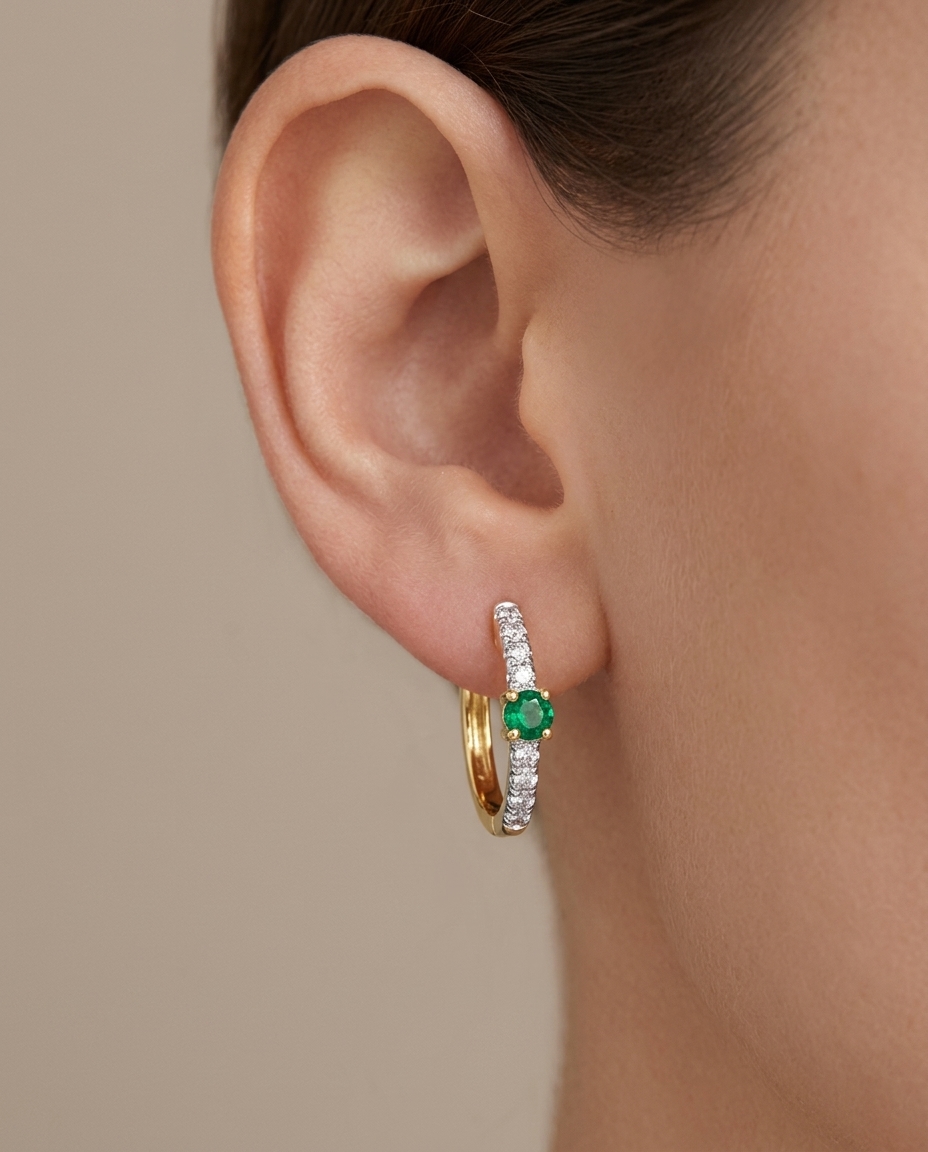 14KT Yellow Gold Emerald and Diamonds Earring on model